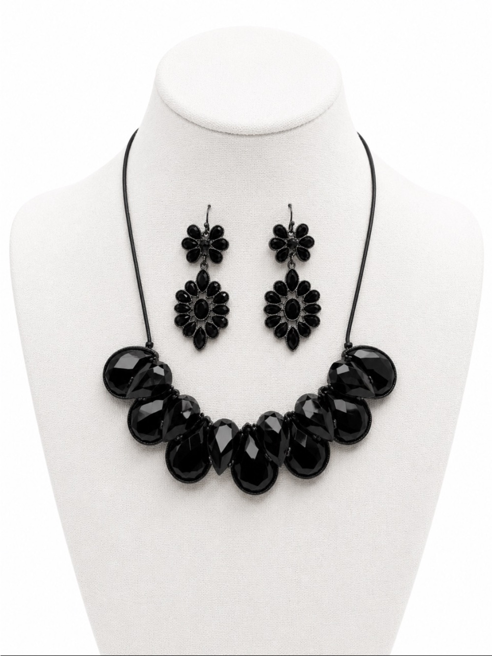 Black Faceted Teardrop Statement Necklace & Floral Drop Earrings Set